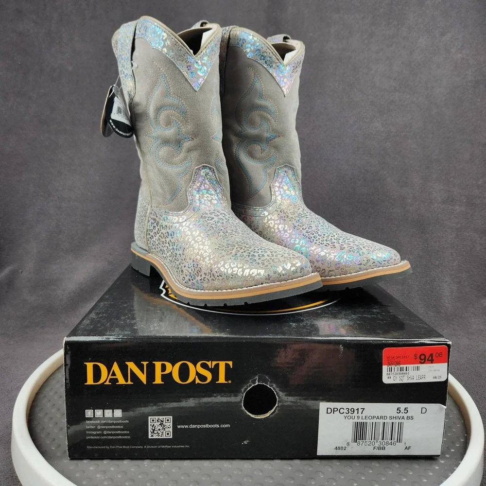 Dan Post Boots Youth Girls 5 D Shiva‎ Gray Suede Metallic Leopard Print Western